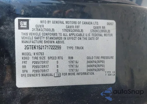 2007 GMC Sierra 1500 Sle1 from USA, damaged, VIN 2GTEK19J171722299